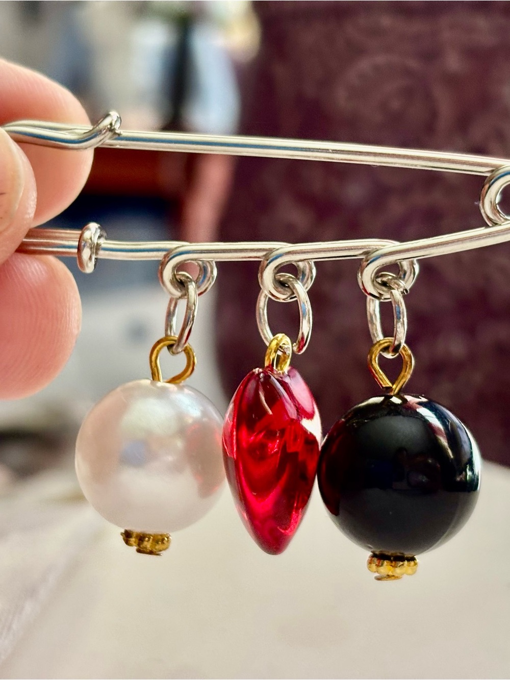 Vintage Handcrafted Silver Charm brooch with Pearl, Red Crystal & Black Beads